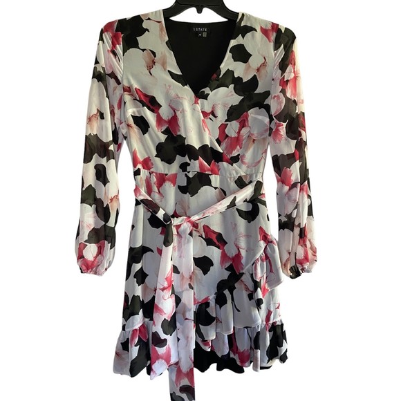 1 STATE woman's size 4 Moonlit Petals floral ruffle sheer long sleeve mini dress - Picture 3 of 15